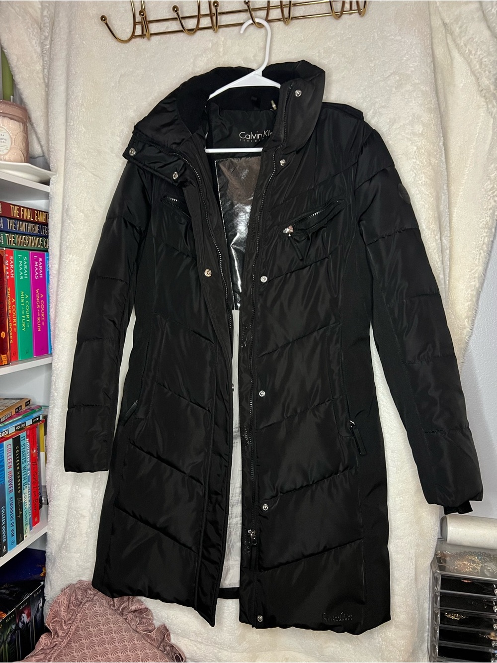 Calvin Klein Black Long Quilted Puffer Coat with Hood